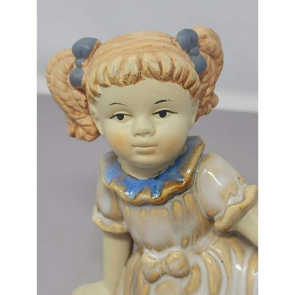 Vintage Handcrafted Ceramic Girl Figurine Dress Pigtails Blue Bow & Brown Shoes‎ - Picture 7 of 11